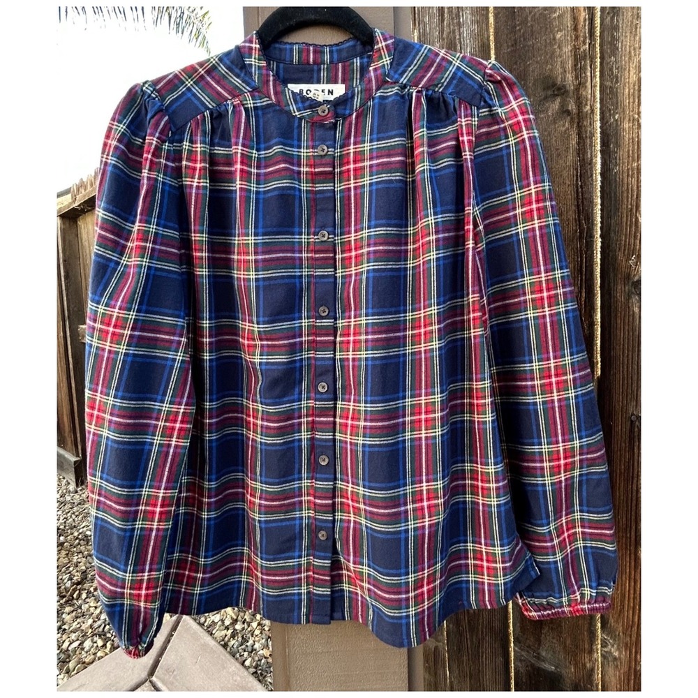 Boden Womens US 6 Plaid Tartan Cotton Blouse Puff Sleeve Button Front Shirt